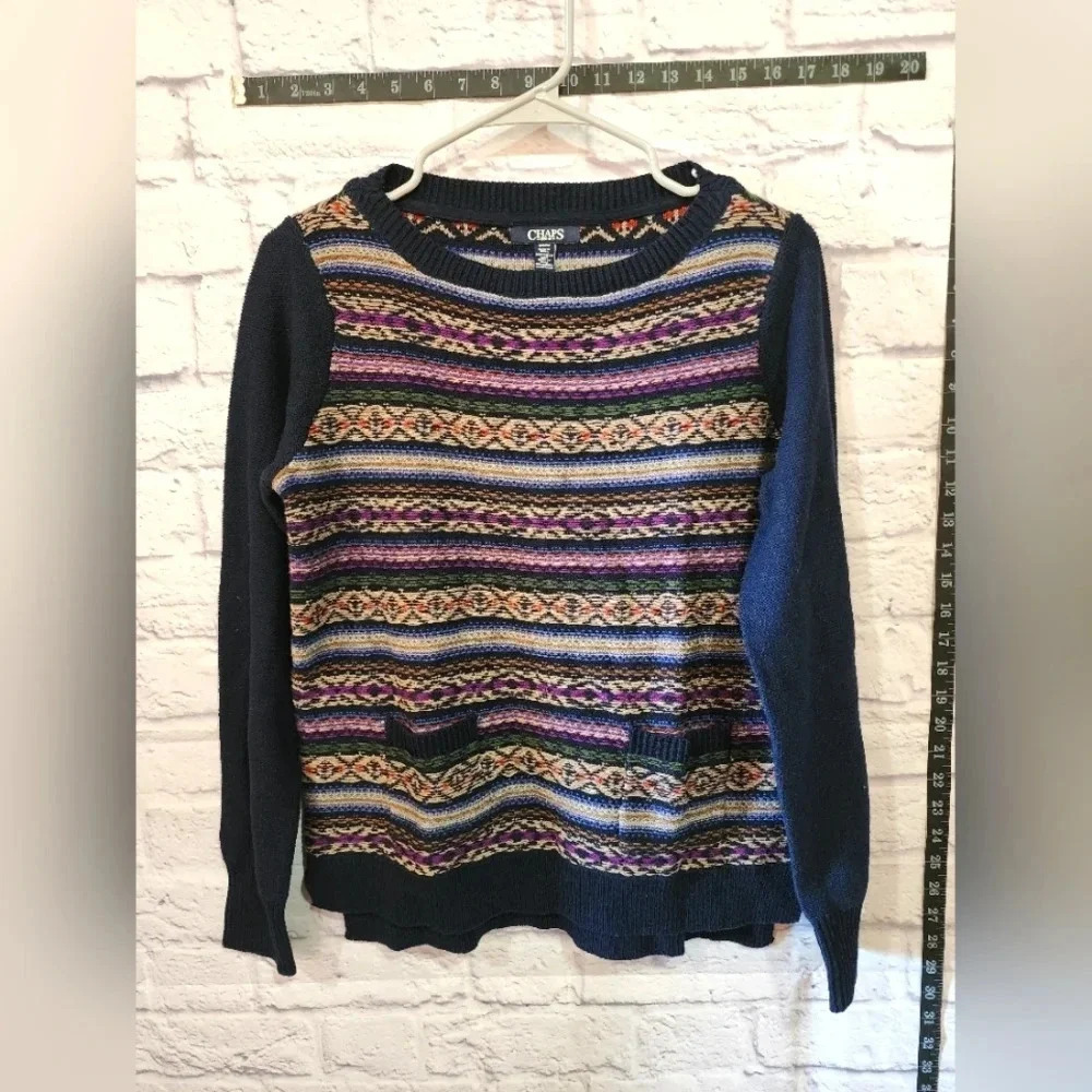 Chaps Vintage Fair Isle Cotton Blend Sweater Navy Multicolor Size Medium